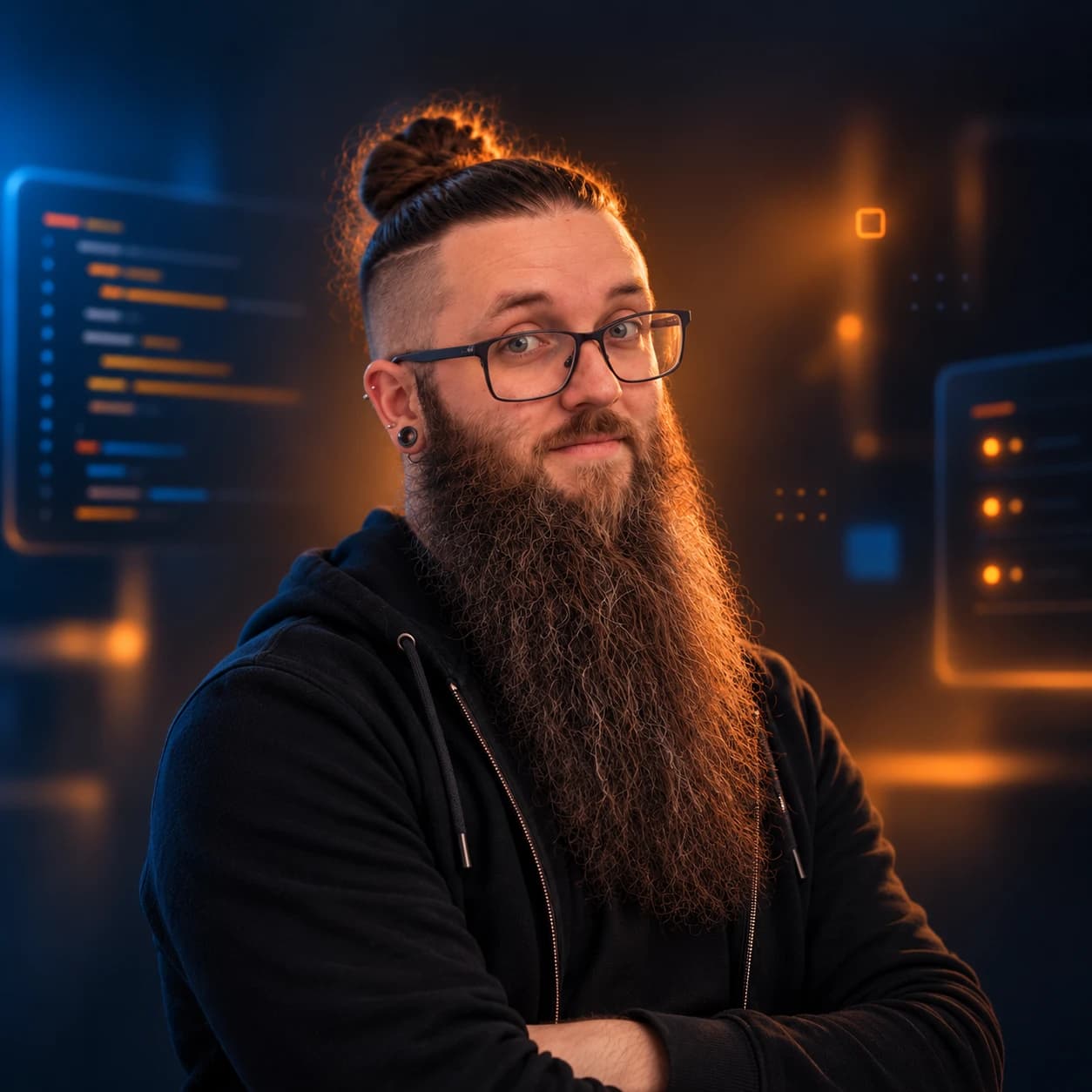 Portrait of Joshua Small: glasses, a top knot and a long full beard, wearing a black hoodie in front of glowing code editor screens.